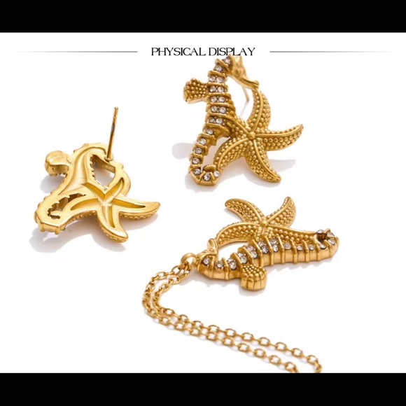 Seahorse Starfish Crystal 18K Gold Stainless Steel Waterproof Jewelry Set - Picture 14 of 16